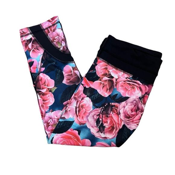 Lululemon Pink Black Rose Print Cropped Ankle Leggings Size 8 - Picture 1 of 5